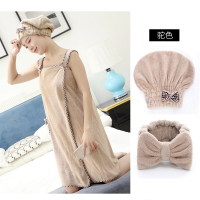 浴裙吸水可穿柔软不掉毛浴巾浴袍|新款珊瑚绒驼色 浴巾+浴帽+束发带