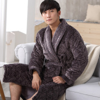 男士睡袍冬季加厚珊瑚绒夹棉睡衣男式长款冬天保暖加绒加大码浴袍