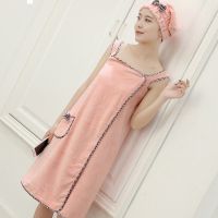可穿浴巾女浴袍比纯棉吸水柔软裹胸大毛巾|新款珊瑚绒粉色 单浴裙