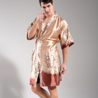 家居服短袖仿真男士夏季睡袍浴袍仿蚕丝丝睡衣男短袖性感