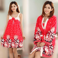 秋冬季女士法兰绒睡衣两件套装家居服吊带睡裙浴袍加肥加大码睡袍