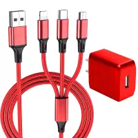 充电器5v2a插头套装三合一快充一拖三数据线适用苹果华为安卓手机|1.2米[红色]一拖三线+充电头