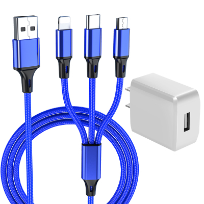 充电器5v2a插头套装三合一快充一拖三数据线适用苹果华为安卓手机|1.2米[蓝色]一拖三线+充电头