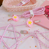 粉色格子少女手机数据线可爱苹果iphone安卓快充充电线爱心type-c