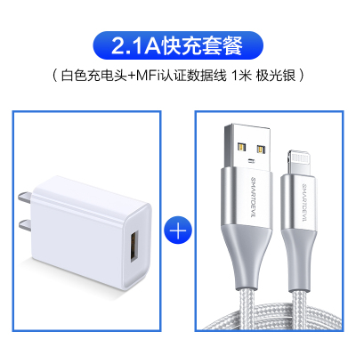 适用于苹果充电头iphone11手机iphonex快充多口充电器双usb|[快充套餐]1米极光银+2.1A白色单口充电器