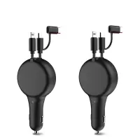 车载充电器伸缩充电线一拖三qc3.0快充pd快充苹果华为12v/24v|两个装[黑色]