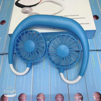 风扇挂脖式迷你小风扇折叠便携式充电懒人户外运动静音学生电风扇 清爽蓝+带数据线 升级2000毫安容量电池+配备用电池