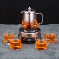 煮茶器玻璃泡茶壶加热电煮茶壶茶具套装耐高温玻璃茶壶烧水壶家用 短嘴450ml壶+加热炉+4个杯子