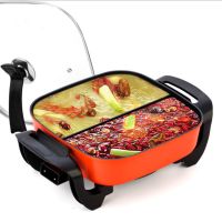 家用多功能电炒锅双管加厚电热锅电火锅不粘锅烧烤锅一体烤涮锅 6L鸳鸯四方锅一台+木铲