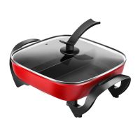 34f加高加厚煎烤锅麦饭石电热锅多功能烤涮电火锅电煎锅6l 红色双管鸳鸯款+木铲+汤勺漏勺