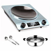 凹面电磁炉特价家用智能大功率防水凹型节能炉饭店用老人用 拉丝银+汤锅+汤勺 3500W