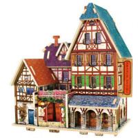 若态科技3d立体拼图模型世界风情木质diy小屋儿童女孩 法国旅馆