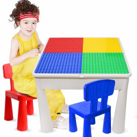 儿童积木桌玩具积木桌子多功能积木桌椅学习桌玩具 塑料拼装男女孩游戏桌 大小颗粒桌+2椅[不含积木]