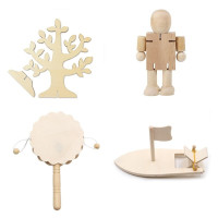 木质白模填色彩绘玩具小朋友手工制作材料包儿童创意DIY素材 人偶+拨浪鼓+小船+大树(含六色颜料)