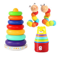 宝宝叠叠乐彩虹塔套圈玩具叠叠圈不倒翁婴儿玩具6-12个月早教玩具 七彩虹套圈+叠叠乐+木制扭扭虫