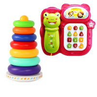 宝宝叠叠乐彩虹塔套圈玩具叠叠圈不倒翁婴儿玩具6-12个月早教玩具 七彩虹套圈+早教电话机红色