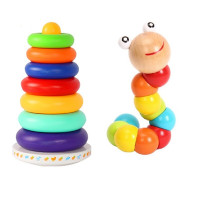 宝宝叠叠乐彩虹塔套圈玩具叠叠圈不倒翁婴儿玩具6-12个月早教玩具 七彩虹套圈+百变扭扭虫