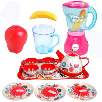 儿童仿真茶壶下午茶杯茶具过家家厨房玩具公主生日蛋糕宝宝仿真厨房水果切切乐小女孩套装 低壶-英伦茶具(红)+电动果汁机