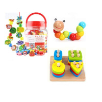 儿童穿线积木大号串珠幼儿男孩穿珠子宝宝绕珠玩具1-3岁女孩 62粒混搭+普通四柱+虫