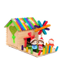 雪糕棒diy创意小房子模型小屋手工亲子幼儿园儿童手工制作材料包 雪花草地+男女孩雪人