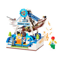 儿童拼装积木玩具 海盗船音乐盒游乐园卡通发声智能声光感应 男生女孩互动拼插 海盗船-575颗粒