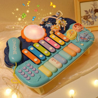 婴儿玩具0-1岁男女孩一岁宝宝早教3-6-8个月儿手拍鼓敲琴电话音乐玩具幼儿生日 多功能电子钢琴游戏桌—冰川蓝