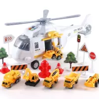 儿童直升机玩具车男孩消防工程飞机模型套装 工程主题惯性直升机(含6只合金小车+11个路标)