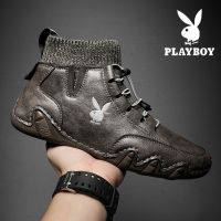 花花公子2022秋高帮皮鞋子男士马丁棉靴子潮休闲鞋羊毛领