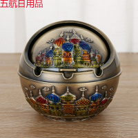 欧式烟灰缸大号复古客厅家用茶几个性创意餐桌防飞灰防风带盖摆件 青铜彩色城堡(大号)平角