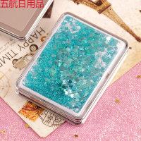 网红流沙镜子双面手持化妆小镜子随身折叠可爱迷你镜子携带亮片镜 方形蓝色