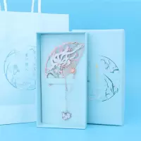 古典中国风黄铜扇形团扇金属书签流苏礼品纪念品学生用新年礼物|折扇九尾狐吊坠 信封装