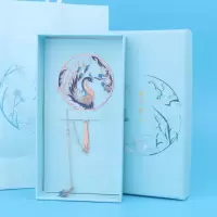 古典中国风黄铜扇形团扇金属书签流苏礼品纪念品学生用新年礼物|凤求凰吊坠 礼盒装