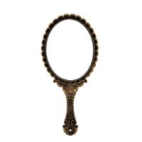 高清复古花纹手柄化妆镜美容院纹绣化妆镜便携随身手拿手持小镜子|古铜色 +1个/发绳和1把桃木梳