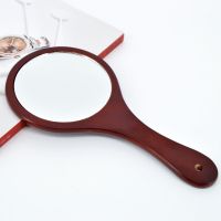 美容院镜子化妆镜 随身镜木质复古手拿便携梳妆镜 大号手柄镜圆形|咖啡色[中号]