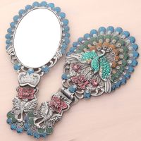 俄罗斯化妆镜台式公主便携手柄折叠镜子手持复古孔雀仿铜美容镜子|开屏锡