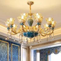欧式吊灯奢华客厅灯现代简约大气家用法式蓝色陶瓷吊灯卧室水晶灯