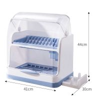 厨房装碗筷餐具收纳箱盒家用放碗沥水架半翻带盖密封防蟑螂特大号|全新升级双层蓝色[带菜板锅盖支架]