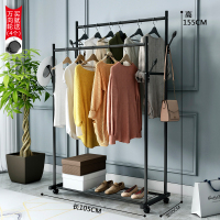 简易挂衣架落地卧室衣帽架多功能晾晒衣杆收纳家用室内凉衣服架子|黑色双杆105CM长+双衣帽钩+单层置物+万向轮 大
