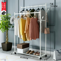 简易挂衣架落地卧室衣帽架多功能晾晒衣杆收纳家用室内凉衣服架子|白色双杆105CM长+双衣帽钩+单层置物+万向轮 大