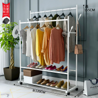 简易挂衣架落地卧室衣帽架多功能晾晒衣杆收纳家用室内凉衣服架子|白色双杆120CM长+双衣帽钩+双层置物+万向轮 大