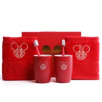 结婚红色陶瓷洗漱杯新婚送礼情侣杯子一对漱口杯婚庆套装创意礼品|鸾凤对杯(米老鼠)+牙刷+毛巾的套装