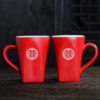 结婚红色陶瓷洗漱杯新婚送礼情侣杯子一对漱口杯婚庆套装创意礼品|陆宝圆喜对杯(带手柄)送牙刷