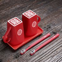 结婚红色陶瓷洗漱杯新婚送礼情侣杯子一对漱口杯婚庆套装创意礼品|陆宝圆喜对杯(带手柄)送牙刷+金瓷盘