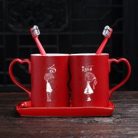 结婚红色陶瓷洗漱杯新婚送礼情侣杯子一对漱口杯婚庆套装创意礼品|陆宝亲嘴对杯(love1314)+金瓷盘
