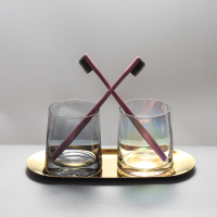 酒店漱口杯玻璃 简约牙刷杯套装 家用情侣刷牙杯子 洗漱牙杯ins风|cj-069烟灰色玻璃杯+五彩色+金托盘