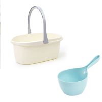 拖把桶挤水桶单桶拖把盆塑料拖布桶长方形洗拖把桶地拖桶家用老式|米白色水桶+水勺蓝色