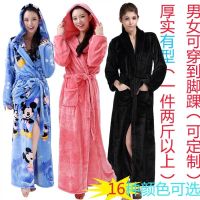 珊瑚绒黑色睡衣法兰绒大码睡袍女冬加厚加长款连帽浴袍情侣家居服
