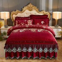 加厚水晶绒床裙四件套冬季夹棉床罩珊瑚绒防滑床套双面绒花边被套