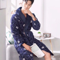 冬季男士睡袍加厚加长款水晶绒三层夹棉浴袍加绒保暖长袍睡衣冬款