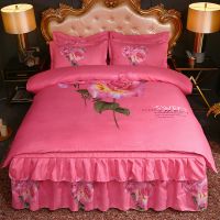 秋冬加厚床裙四件套床罩婚庆大红色卡通儿童被套床上用品床单被罩